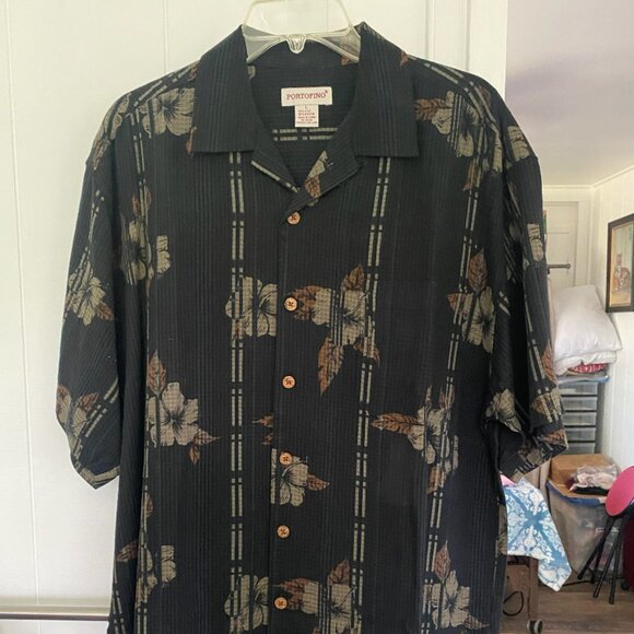 NEW Portofino Button Down Hibiscus Flower Hawaii Aloha Waffle Linen Shirt L - Picture 1 of 4